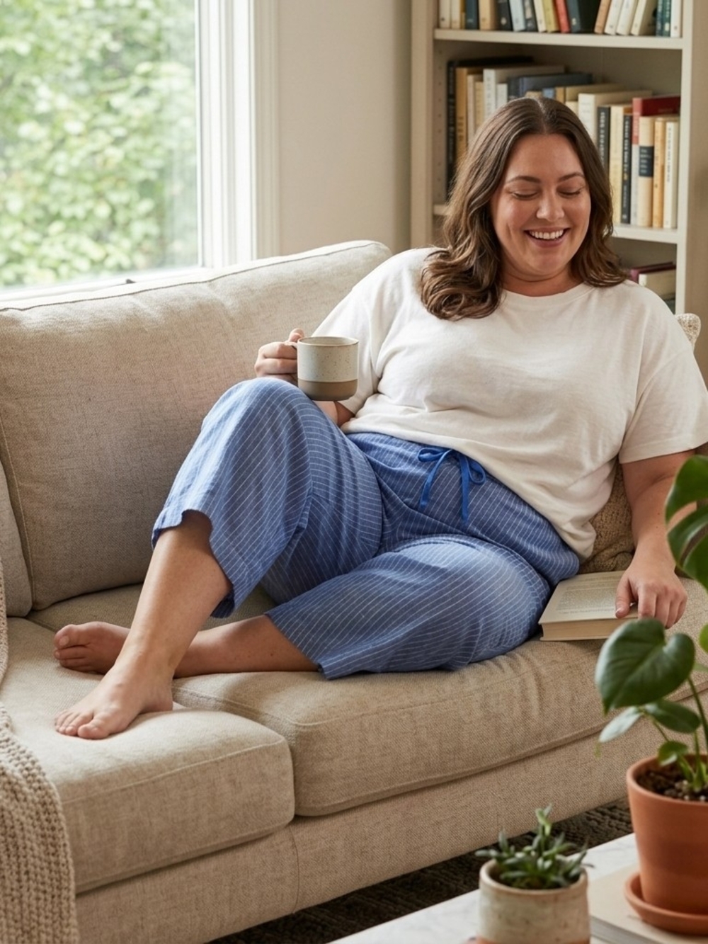 NWT Talbots Blue Pinstripe Linen Blend Wide Leg Cropped Lounge Pants 2X